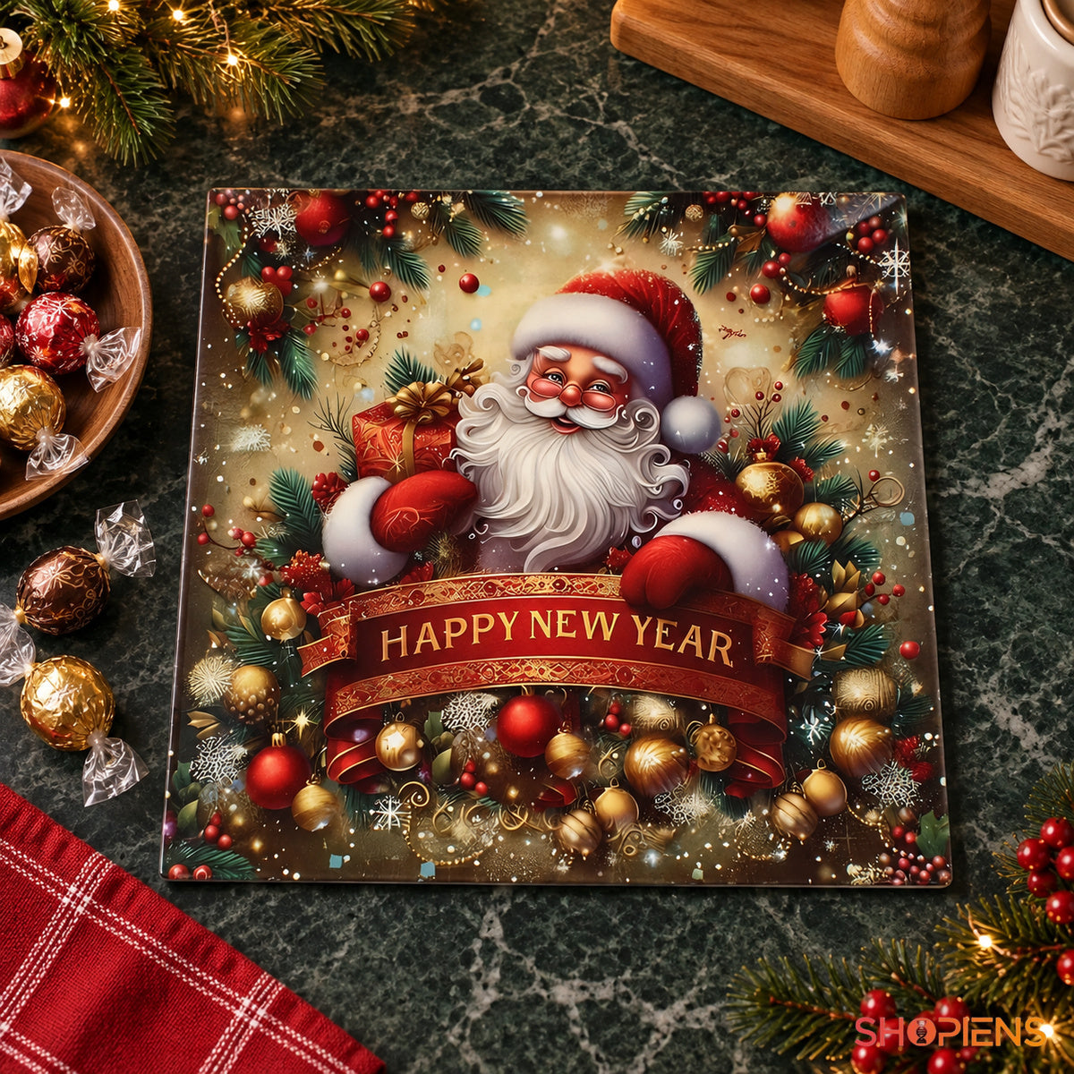 Platou pătrat din plastic cu Moș Crăciun Happy New Year, 40 × 40 cm, în decor de bucătărie, decor neinclus | Shopiens®