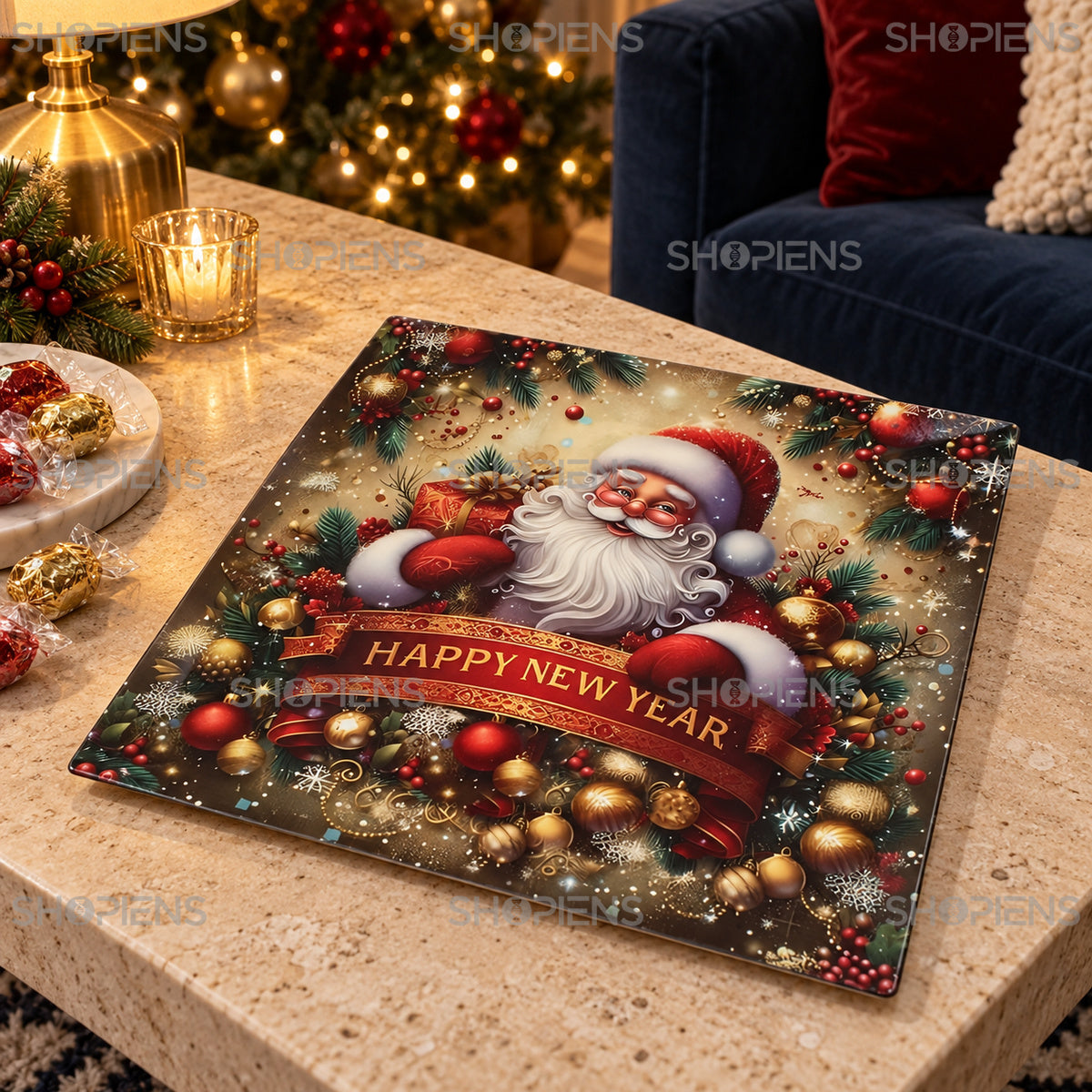 Platou pătrat din plastic cu Moș Crăciun Happy New Year, 40 × 40 cm, în decor de Crăciun, decor neinclus | Shopiens®