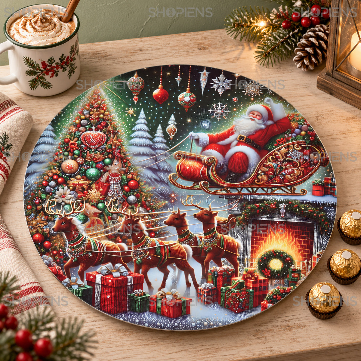 Platou din plastic cu Moș Crăciun în sanie și reni, Ø40 cm, în decor de bucătărie, decor neinclus | Shopiens®