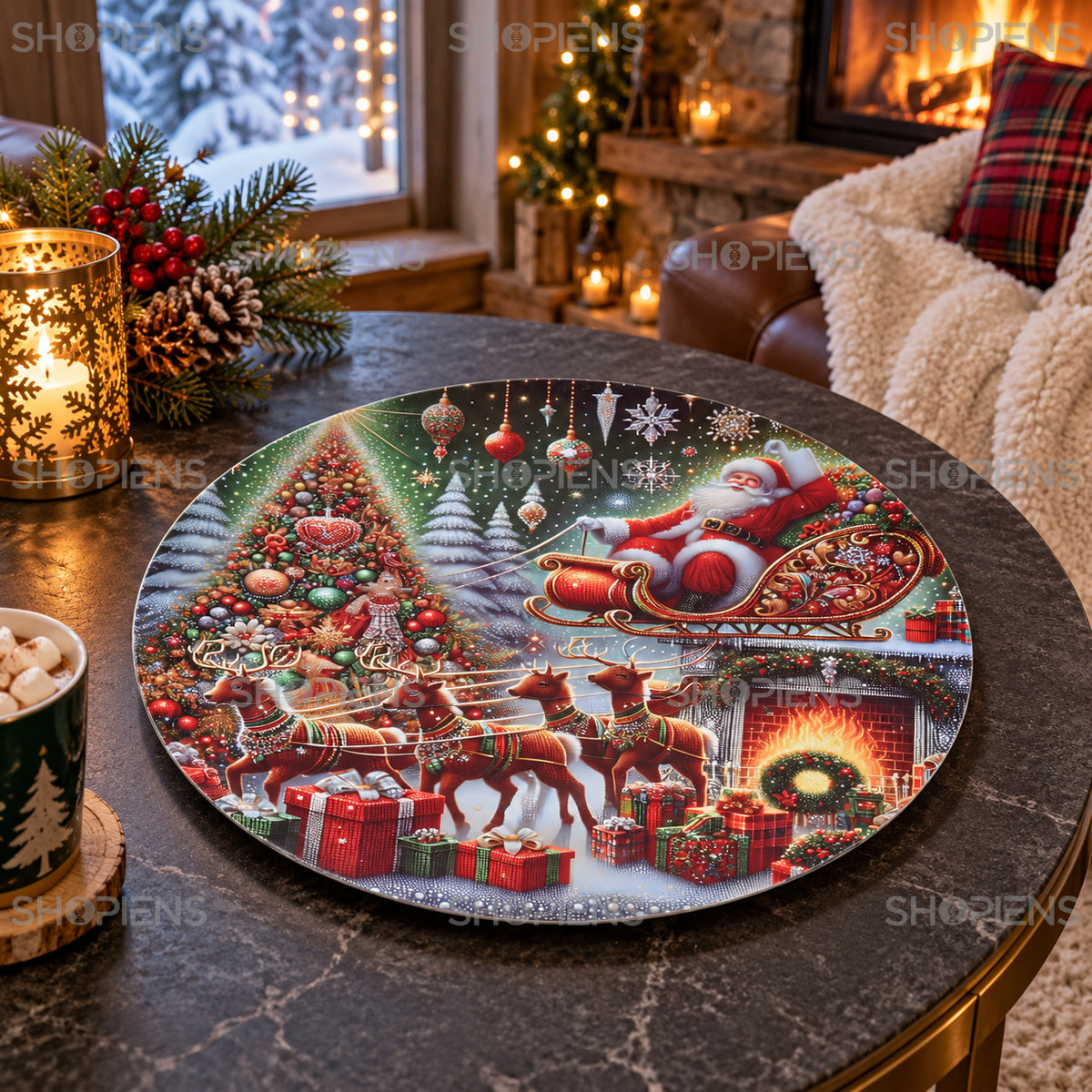 Platou din plastic cu Moș Crăciun în sanie și reni, Ø40 cm, în decor de Crăciun, decor neinclus | Shopiens®