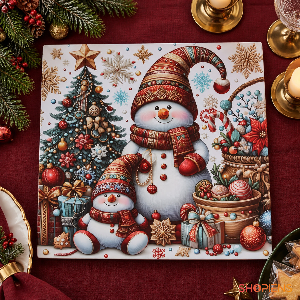 Platou decorativ din plastic cu oameni de zăpadă vintage, 40 × 40 cm, pe masa festivă, decor neinclus | Shopiens®