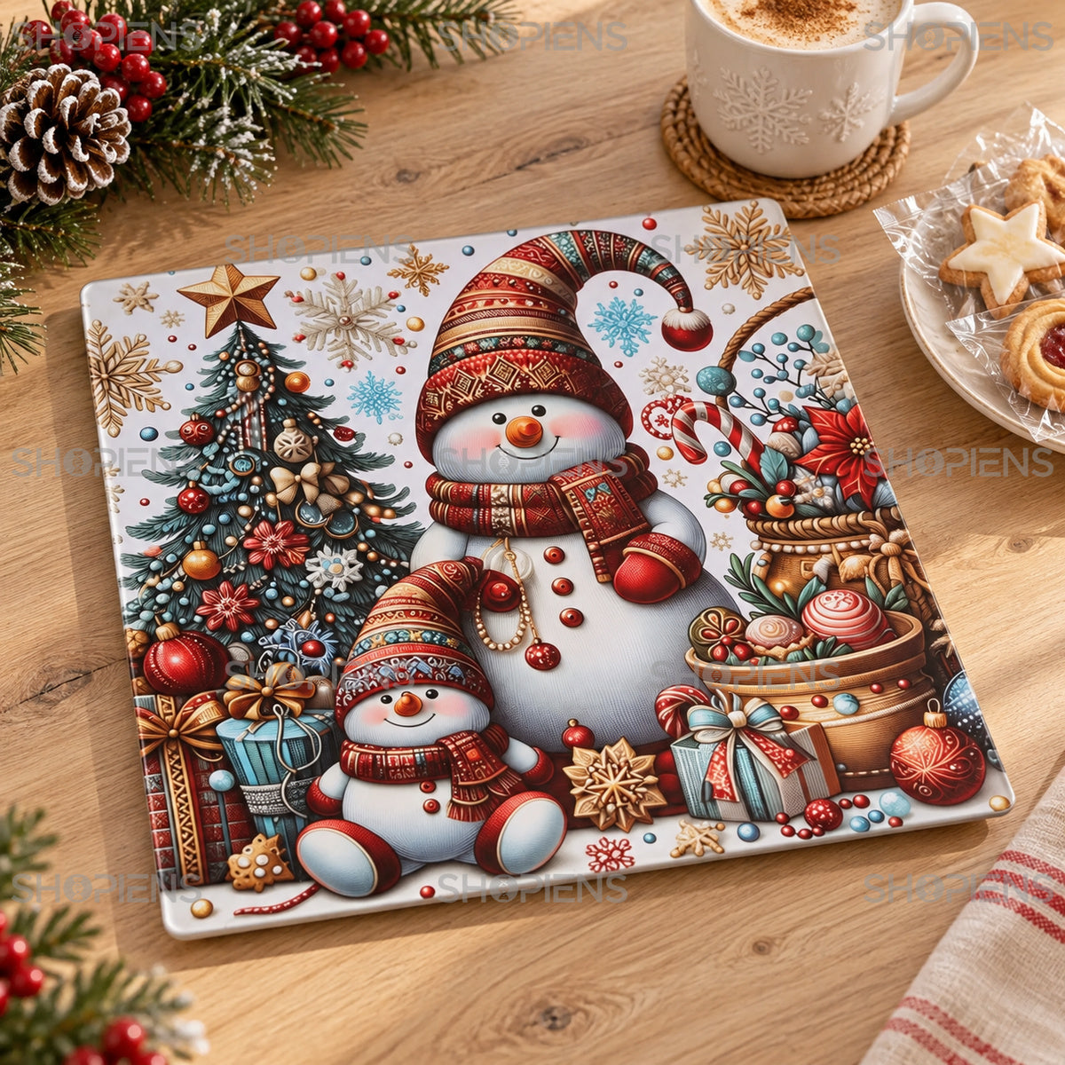 Platou decorativ din plastic cu oameni de zăpadă vintage, 40 × 40 cm, în decor de bucătărie, decor neinclus | Shopiens®