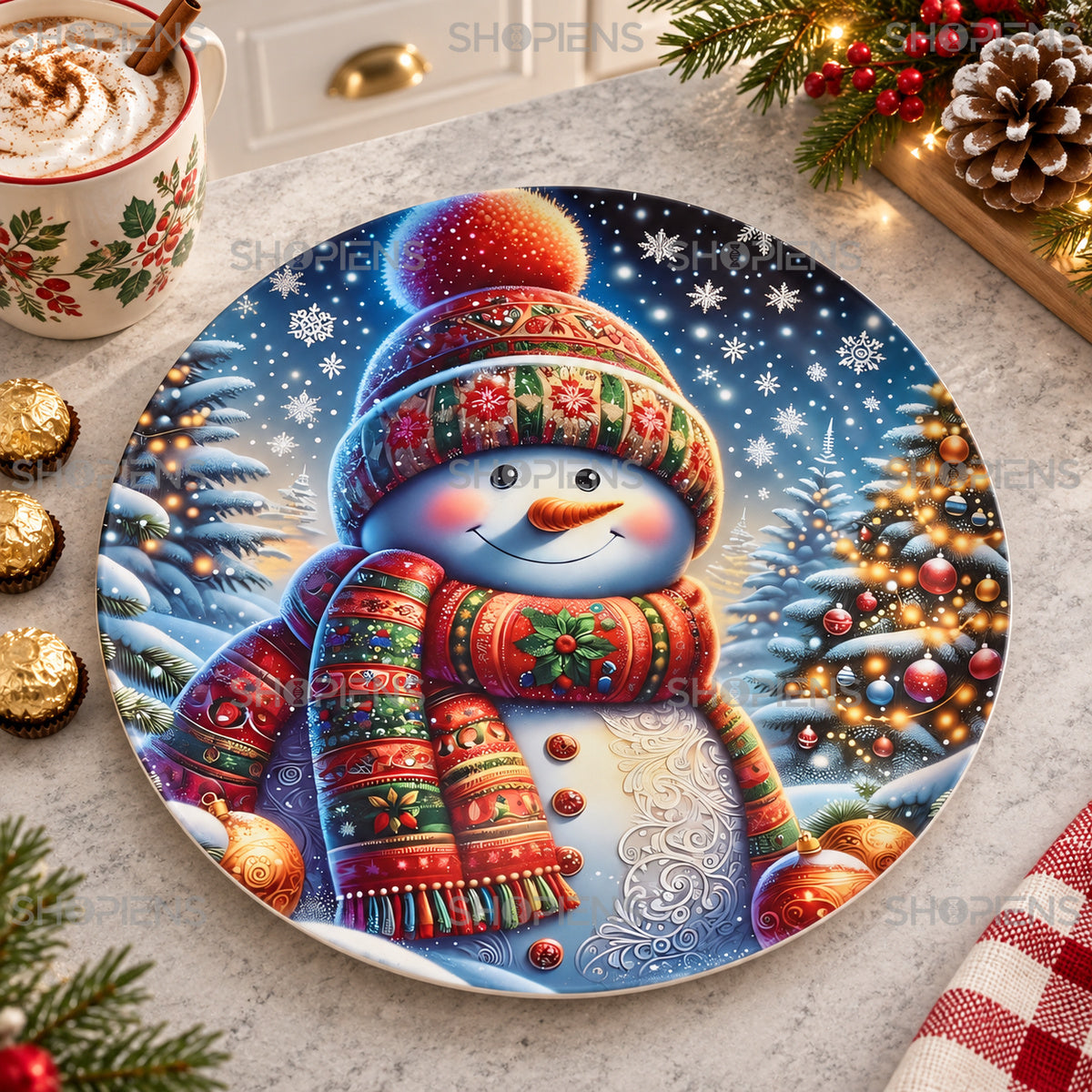Platou decorativ din plastic cu om de zăpadă și fular, Ø40 cm, în decor de bucătărie, decor neinclus | Shopiens®