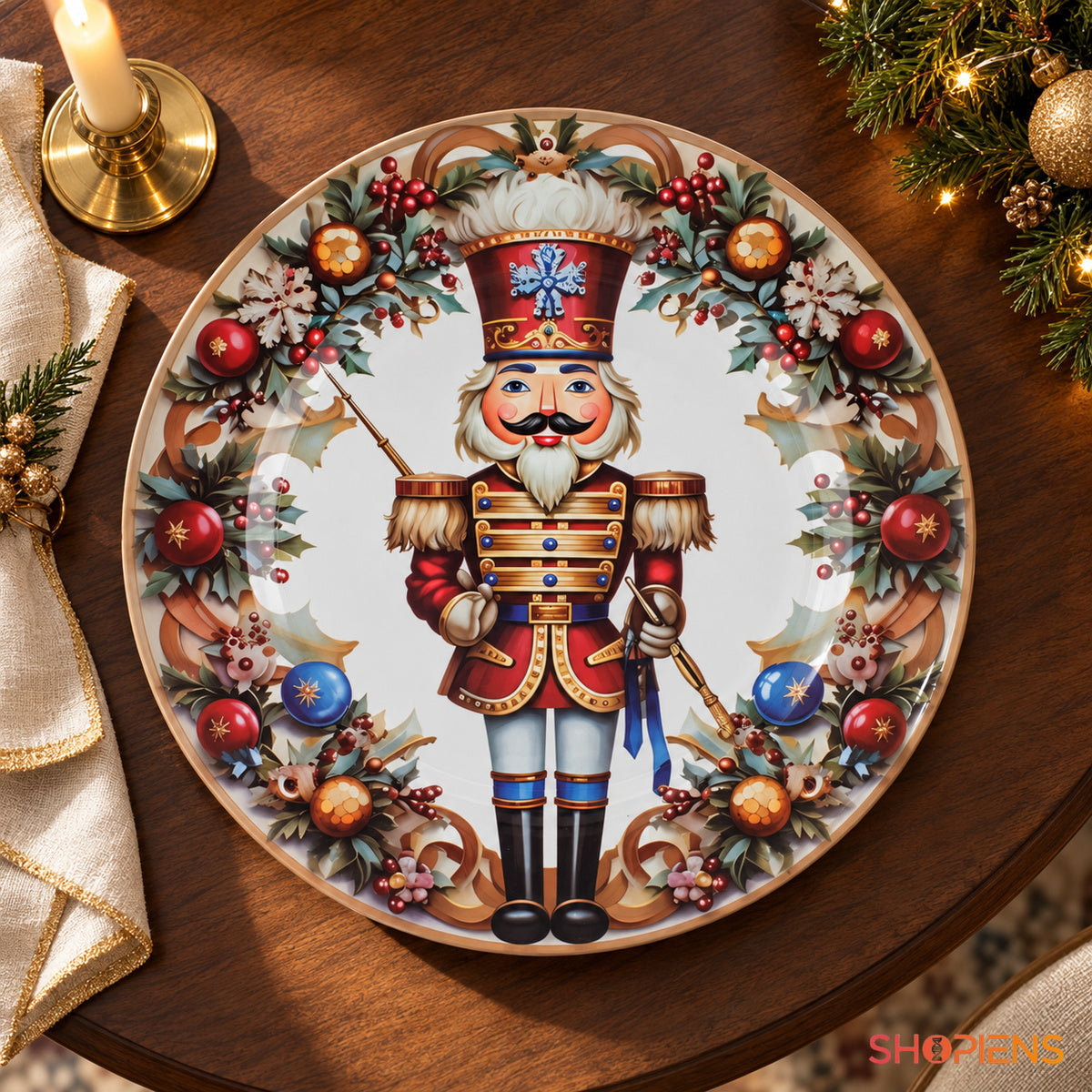 Platou decorativ rotund din plastic cu spărgător de nuci, Ø33 cm, pe masa festivă, decor neinclus | Shopiens®
