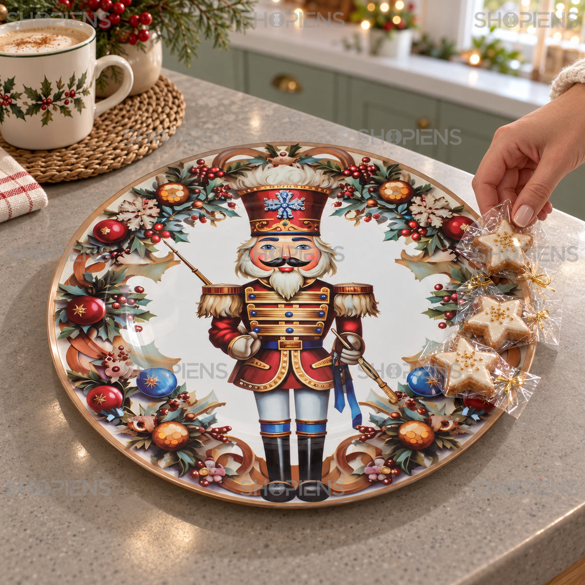 Platou decorativ rotund din plastic cu spărgător de nuci, Ø33 cm, în decor de bucătărie, decor neinclus | Shopiens®