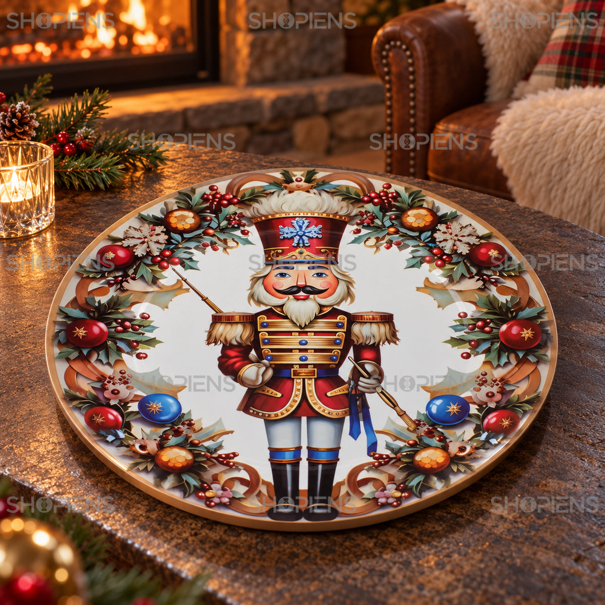 Platou decorativ rotund din plastic cu spărgător de nuci, Ø33 cm, în decor de Crăciun, decor neinclus | Shopiens®
