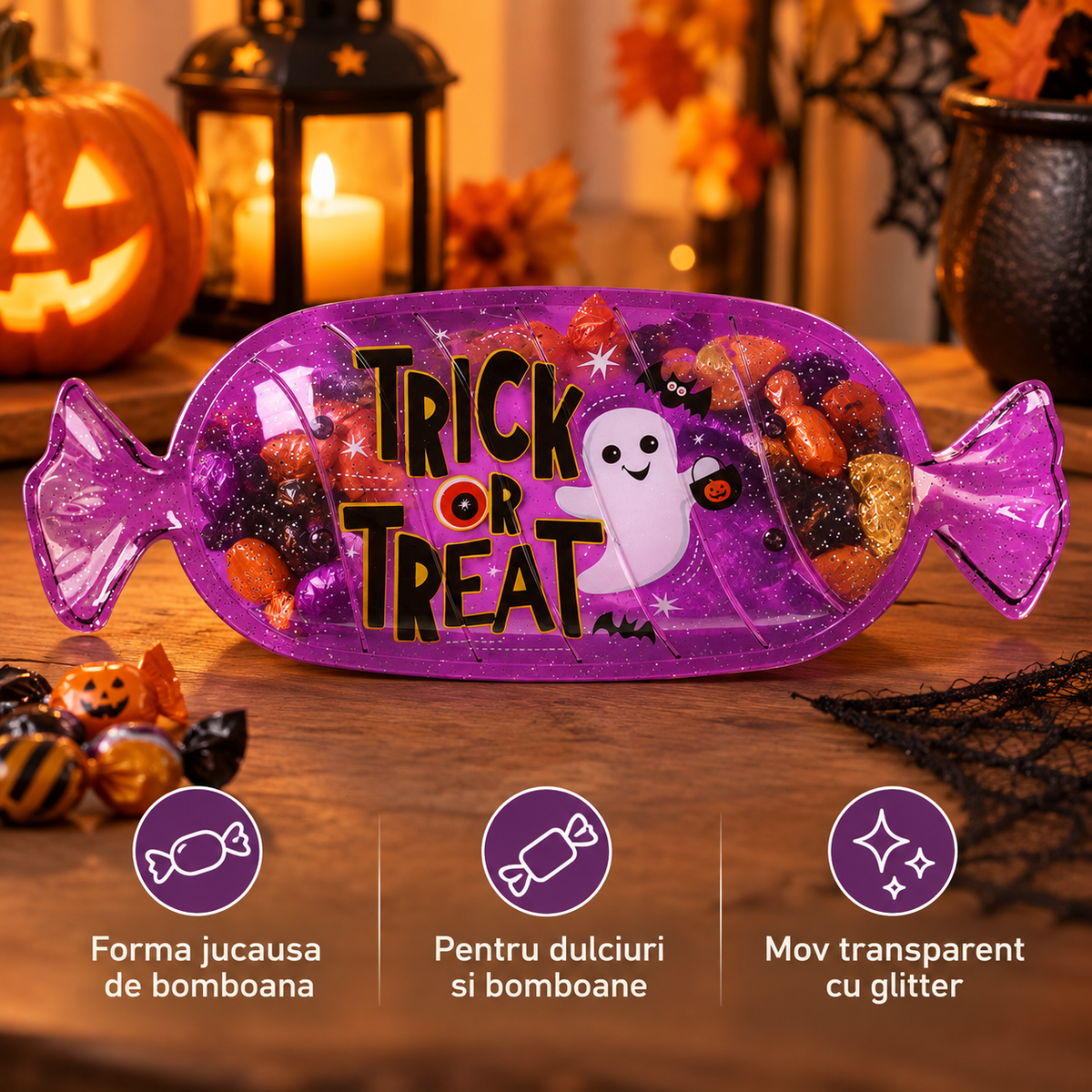 Platou Mov Bomboana Trick Or Treat, 35 X 13 Cm - avantaje - Shopiens