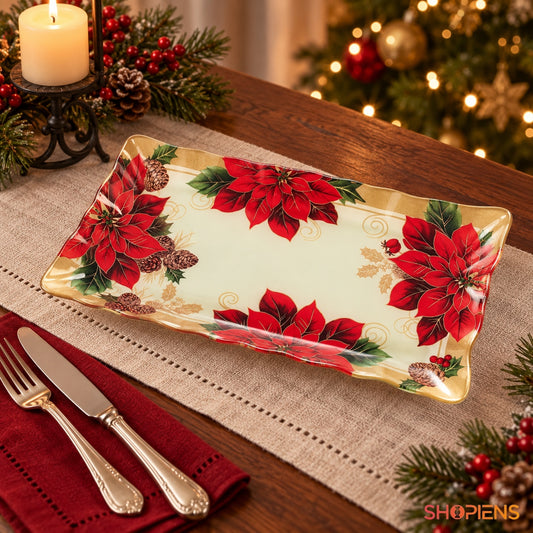 Platou dreptunghiular din sticlă cu crăciunițe, 25 × 15 cm, pe masa festivă de Crăciun, decor neinclus | Shopiens®
