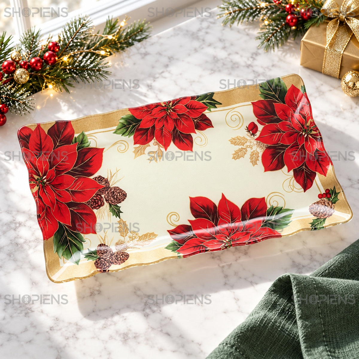 Platou dreptunghiular din sticlă cu crăciunițe, 25 × 15 cm, în decor alternativ de Crăciun, decor neinclus | Shopiens®