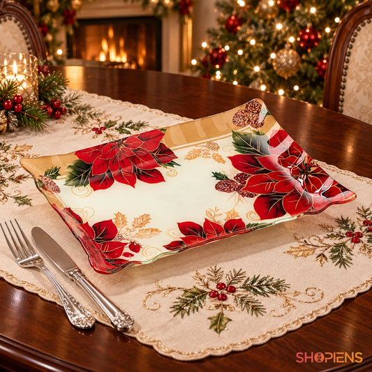 Platou dreptunghiular din sticlă cu crăciunițe, 31 × 21 cm, pe masa festivă de Crăciun, decor neinclus | Shopiens®