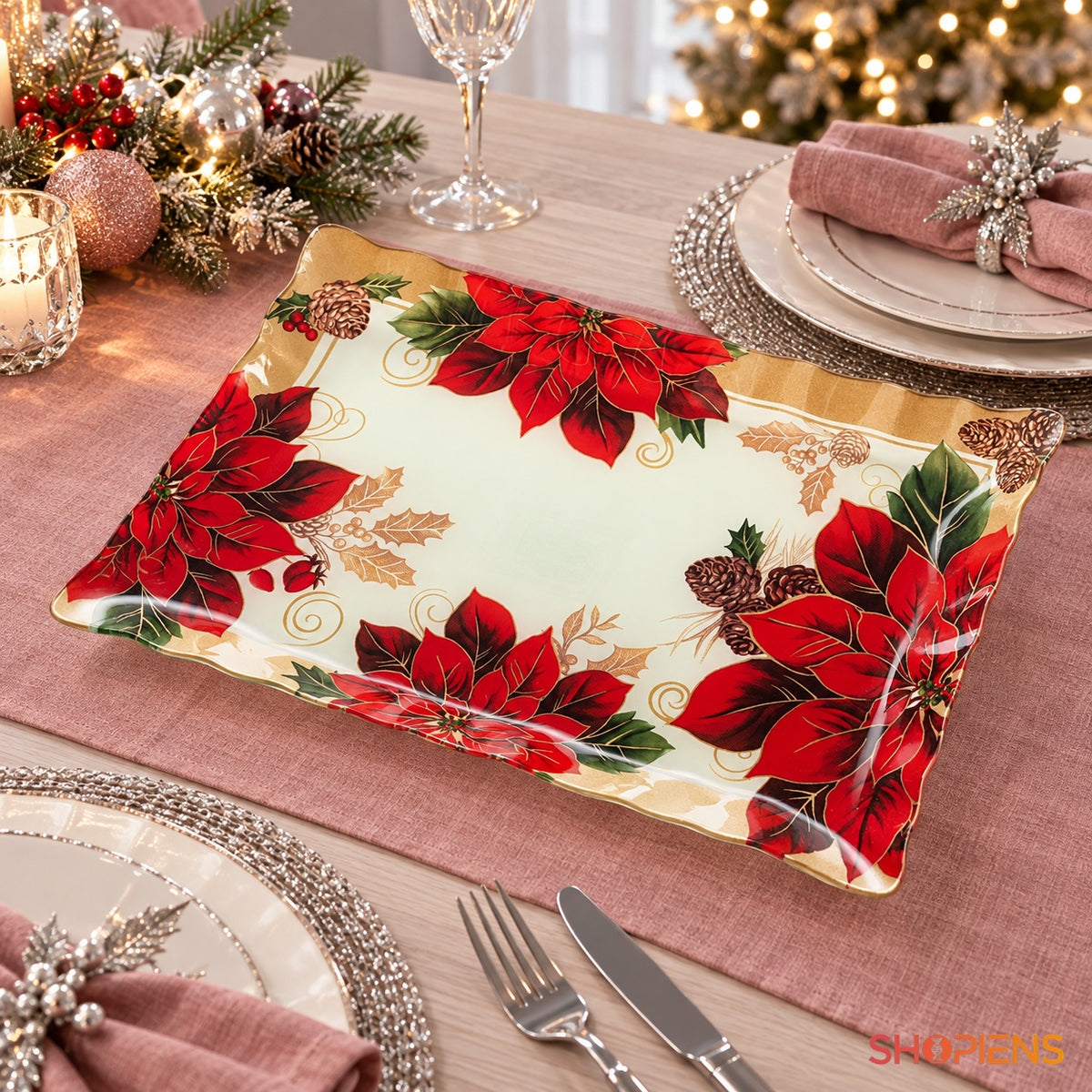 Platou dreptunghiular din sticlă cu crăciunițe, 36 × 26 cm, pe masa festivă de Crăciun, decor neinclus | Shopiens®