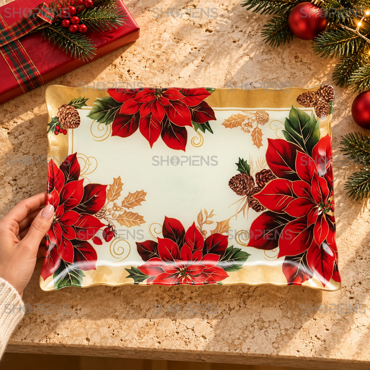 Platou dreptunghiular din sticlă cu crăciunițe, 36 × 26 cm, în decor alternativ de Crăciun, decor neinclus | Shopiens®