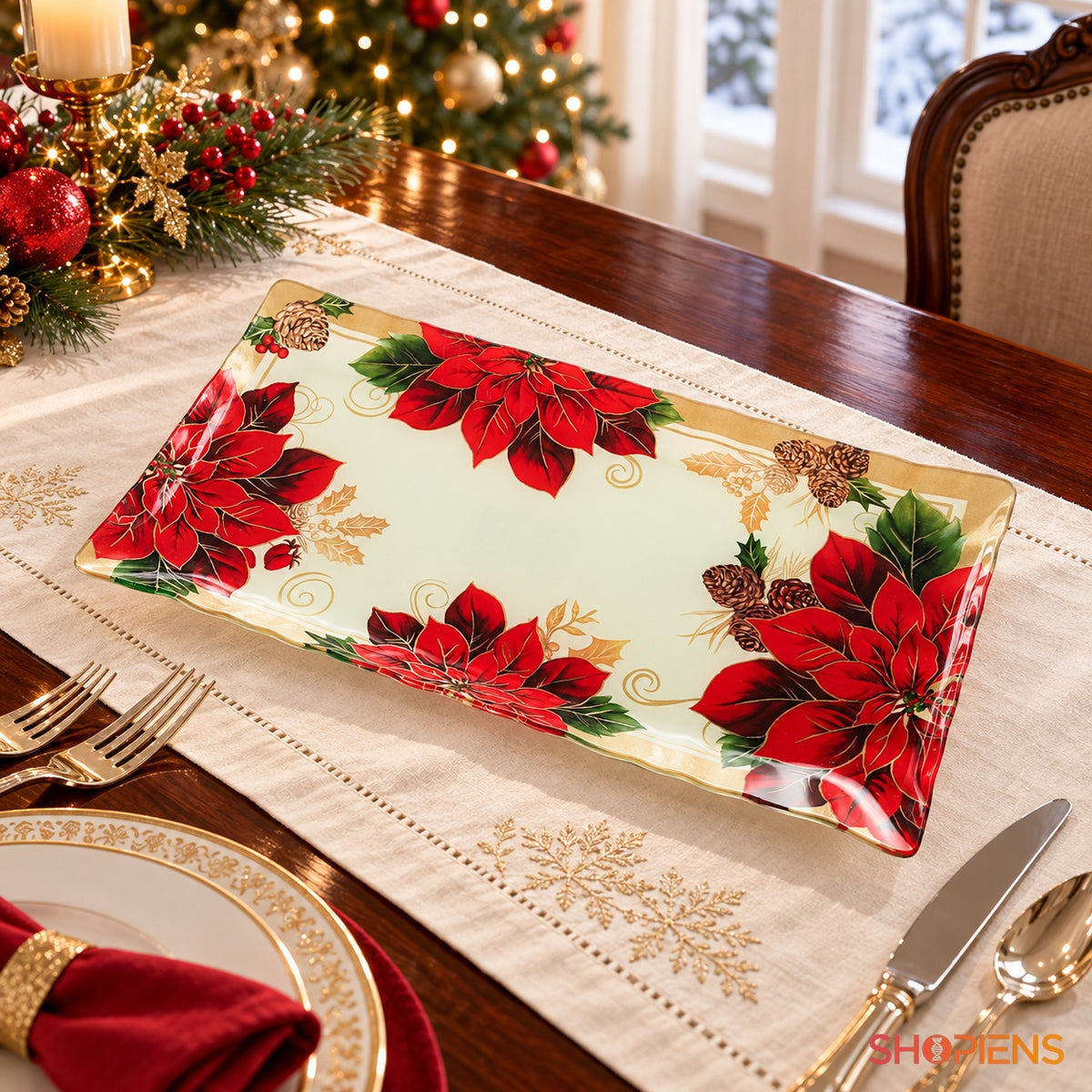 Platou dreptunghiular din sticlă cu crăciunițe, 42 × 24 cm, pe masa festivă de Crăciun, decor neinclus | Shopiens®