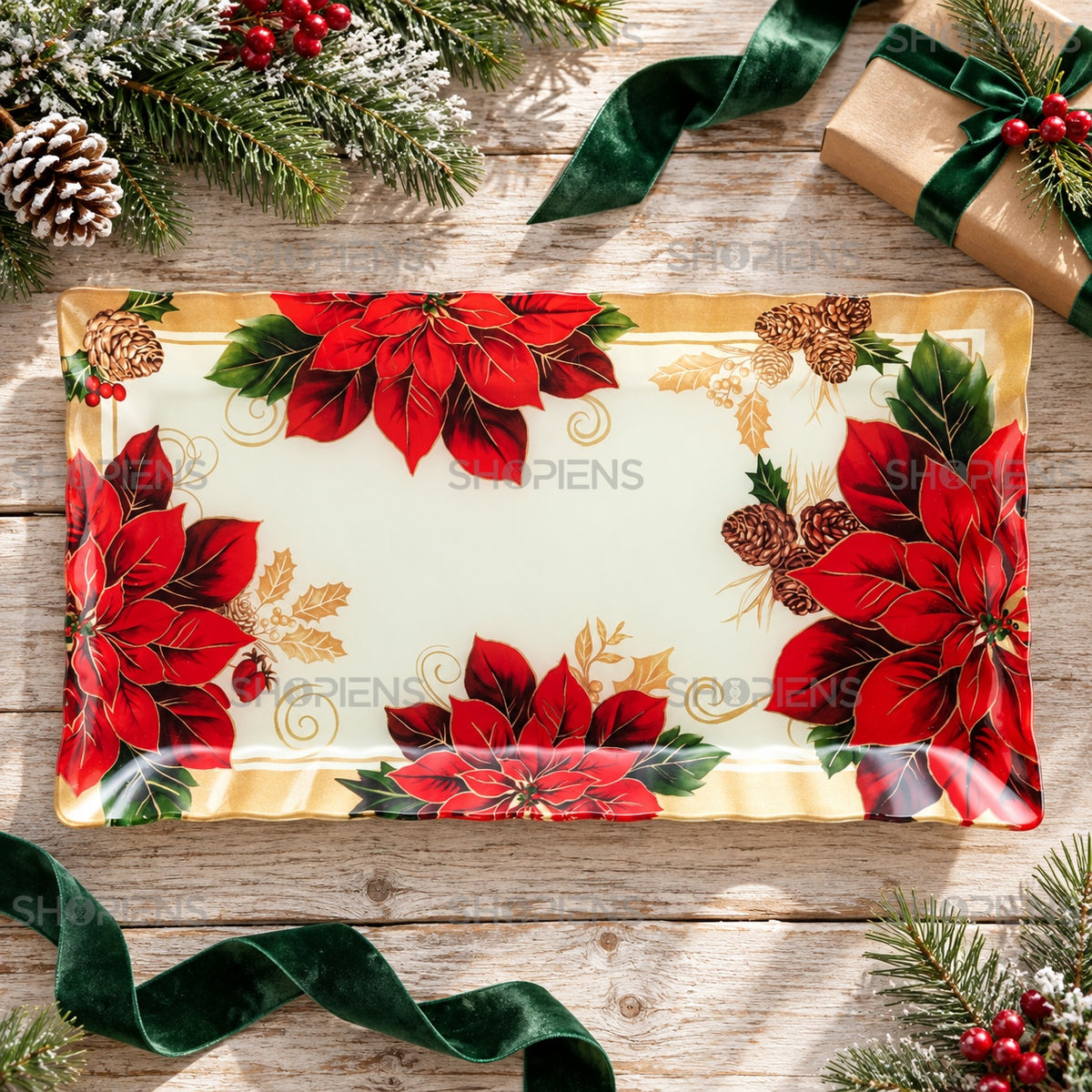 Platou dreptunghiular din sticlă cu crăciunițe, 42 × 24 cm, în decor alternativ de Crăciun, decor neinclus | Shopiens®