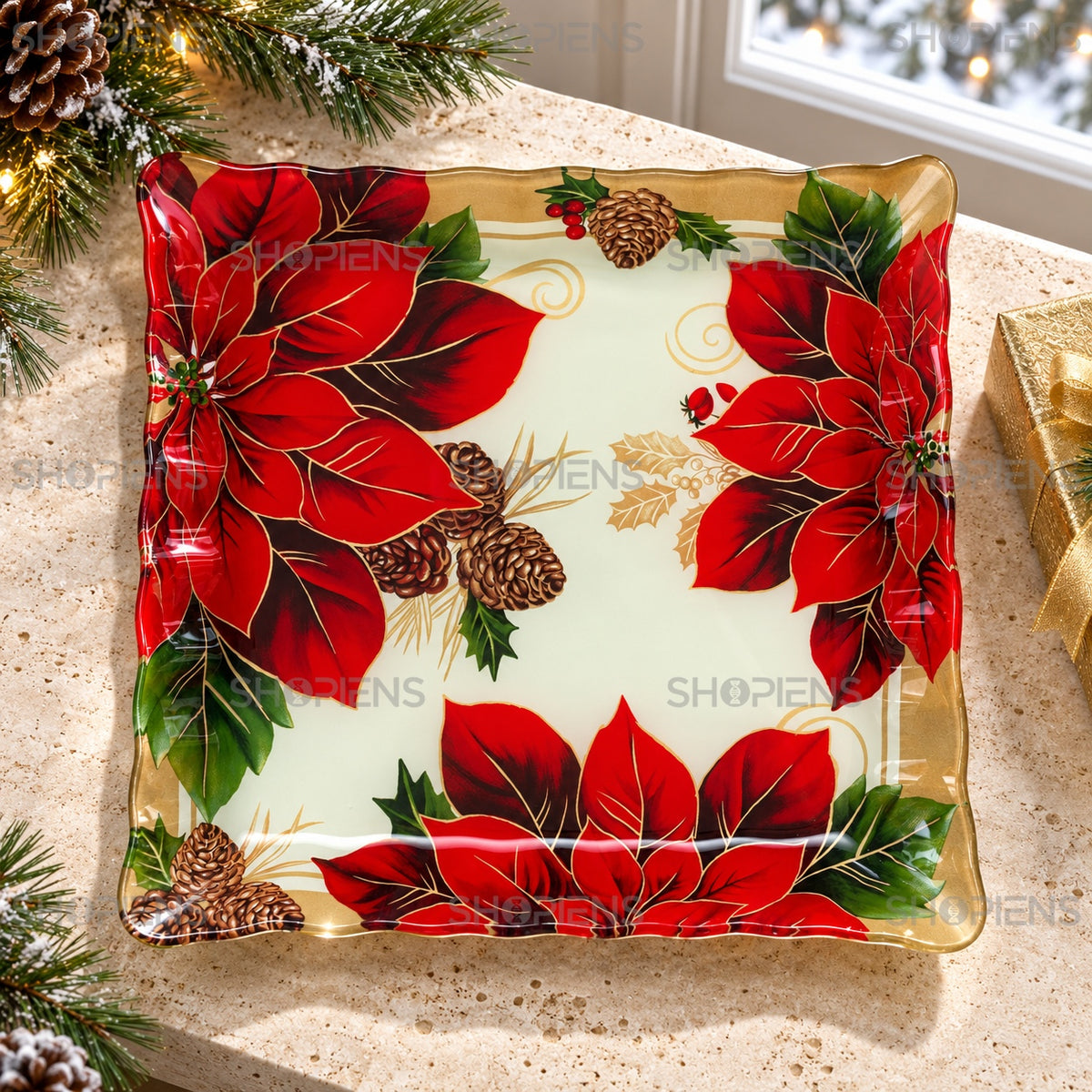 Platou din sticlă cu crăciunițe și vâsc, 30 × 30 cm, în decor alternativ de Crăciun, decor neinclus | Shopiens®