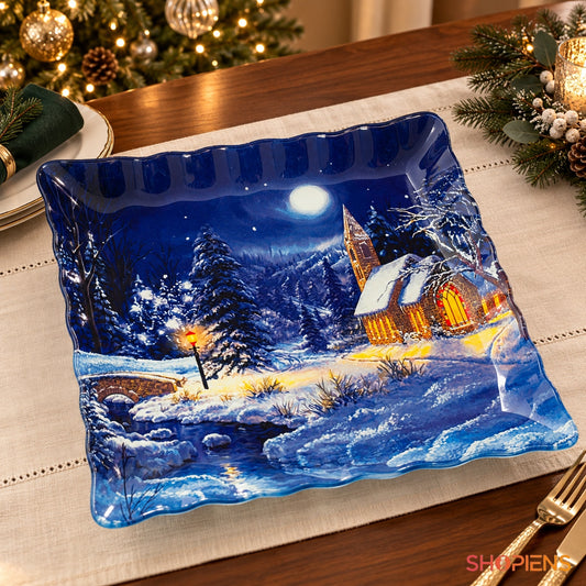 Platou din sticlă cu peisaj de noapte albastră, 30 × 30 cm, pe masa festivă de Crăciun, decor neinclus | Shopiens®