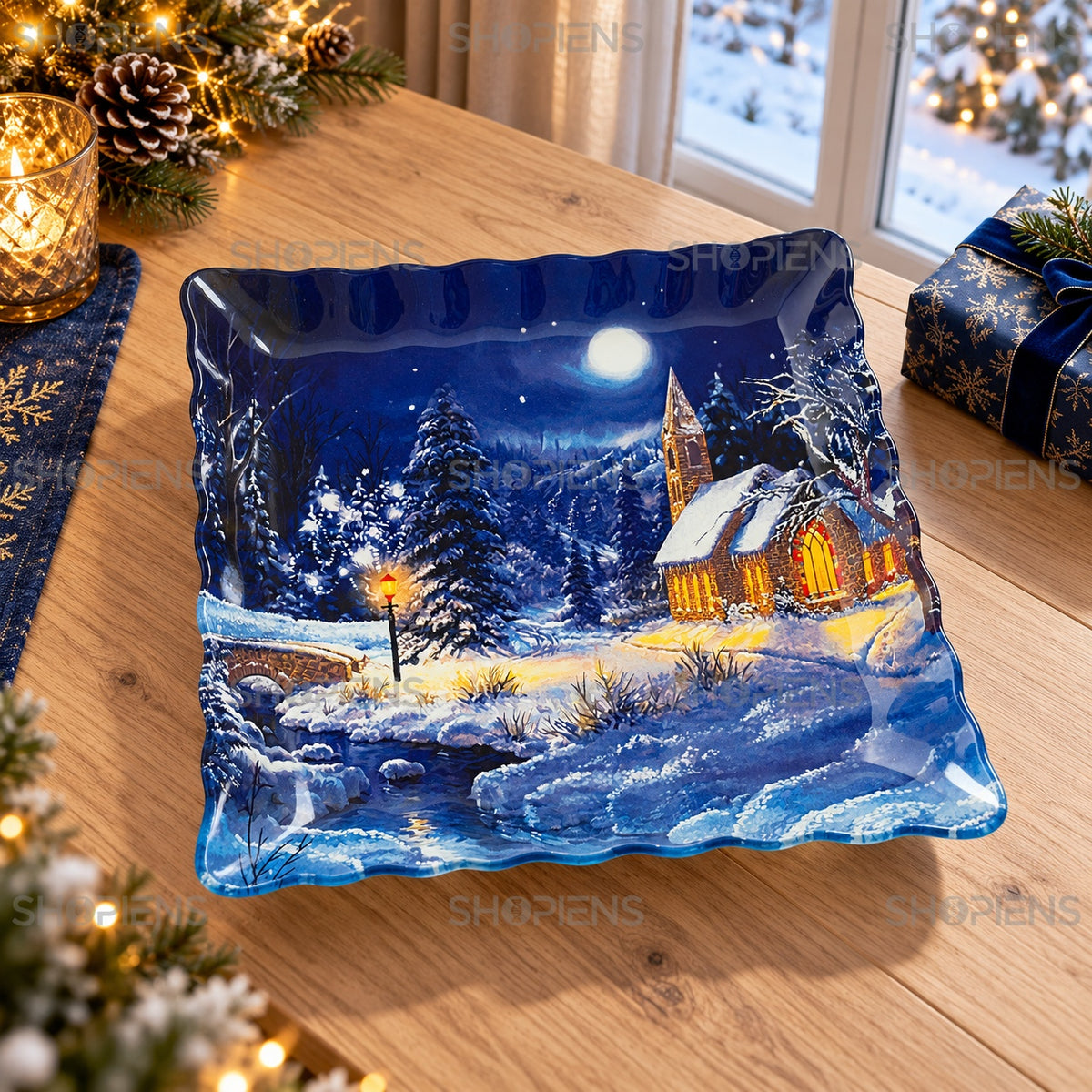 Platou din sticlă cu peisaj de noapte albastră, 30 × 30 cm, în decor alternativ de Crăciun, decor neinclus | Shopiens®