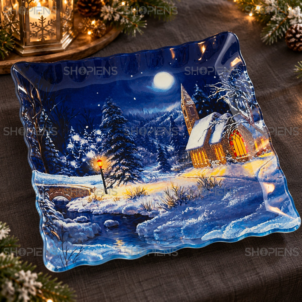 Platou din sticlă cu peisaj de noapte albastră, 30 × 30 cm, detaliu al designului, decor neinclus | Shopiens®
