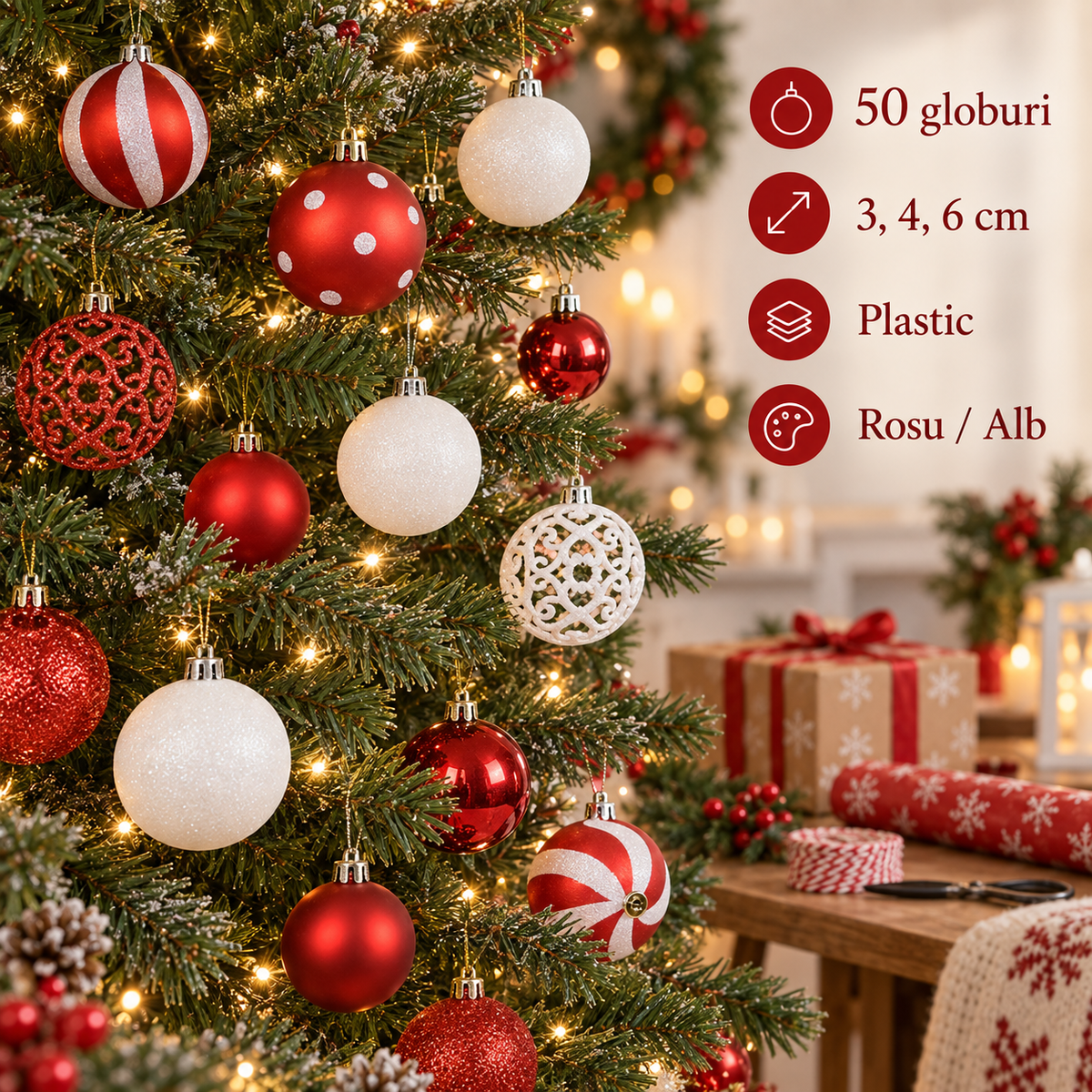 Poveste Candy, Set 50 Globuri Rosii Si Albe - specificatii - Shopiens