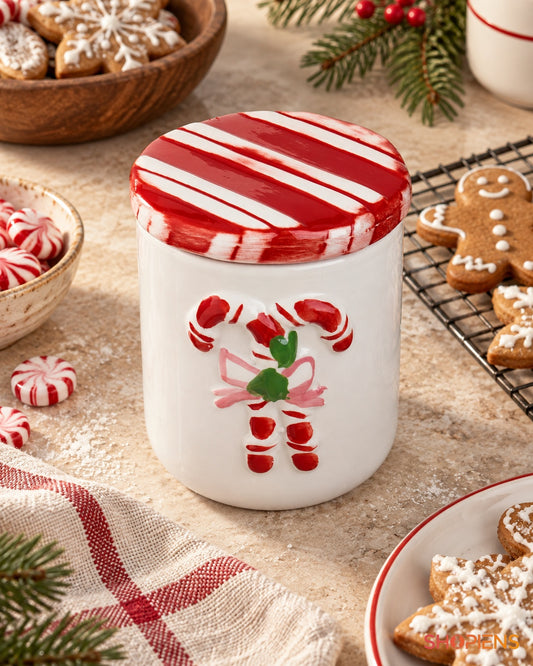 Recipient ceramic cu acadele și capac dungat în decor de Crăciun