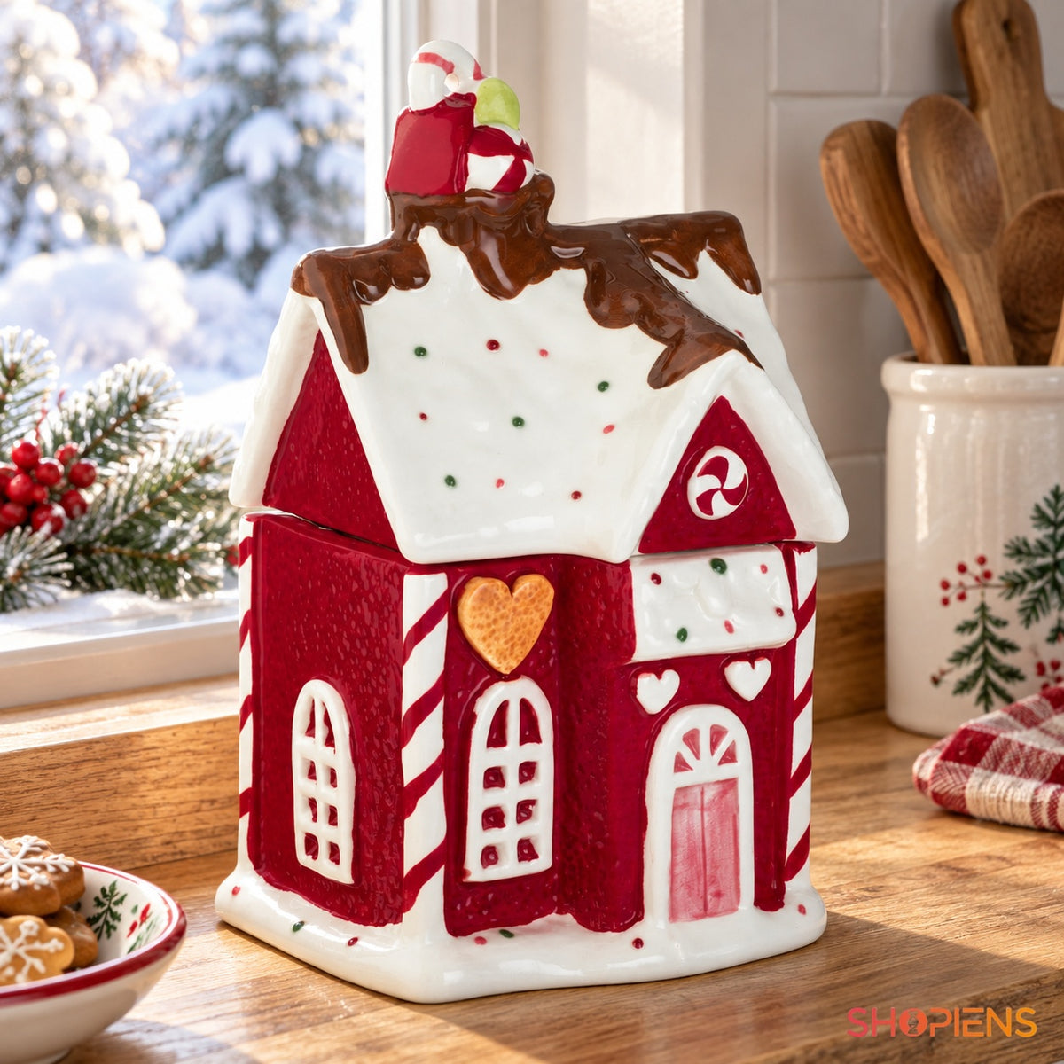 Recipient decorativ căsuță roșie de Crăciun, 28 cm în decor de Crăciun