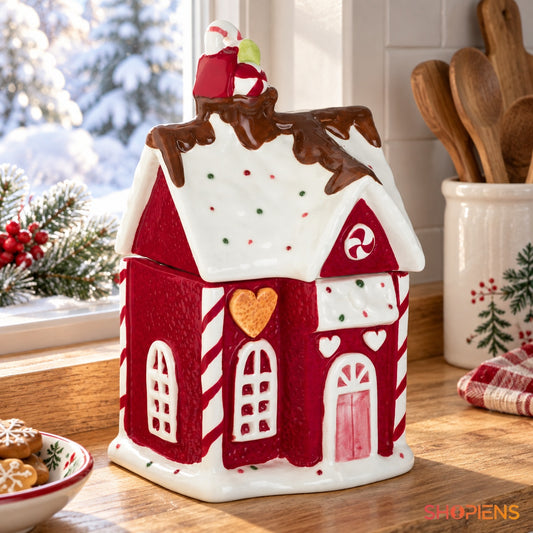 Recipient decorativ căsuță roșie de Crăciun, 28 cm în decor de Crăciun