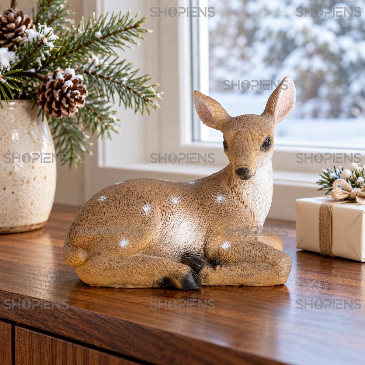 Ren decorativ culcat în stil vintage, 13 cm pe o consolă lângă fereastră, într-un decor de iarnă | Shopiens®