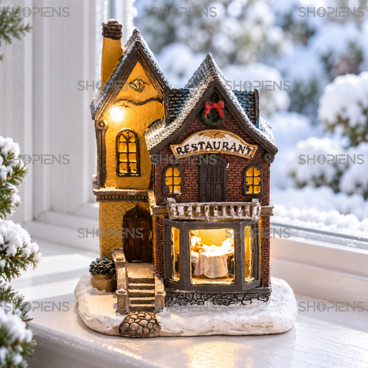 Restaurant miniatural cu masă și lumină LED, 13,5 cm pe pervazul ferestrei, într-un decor de iarnă | Shopiens®