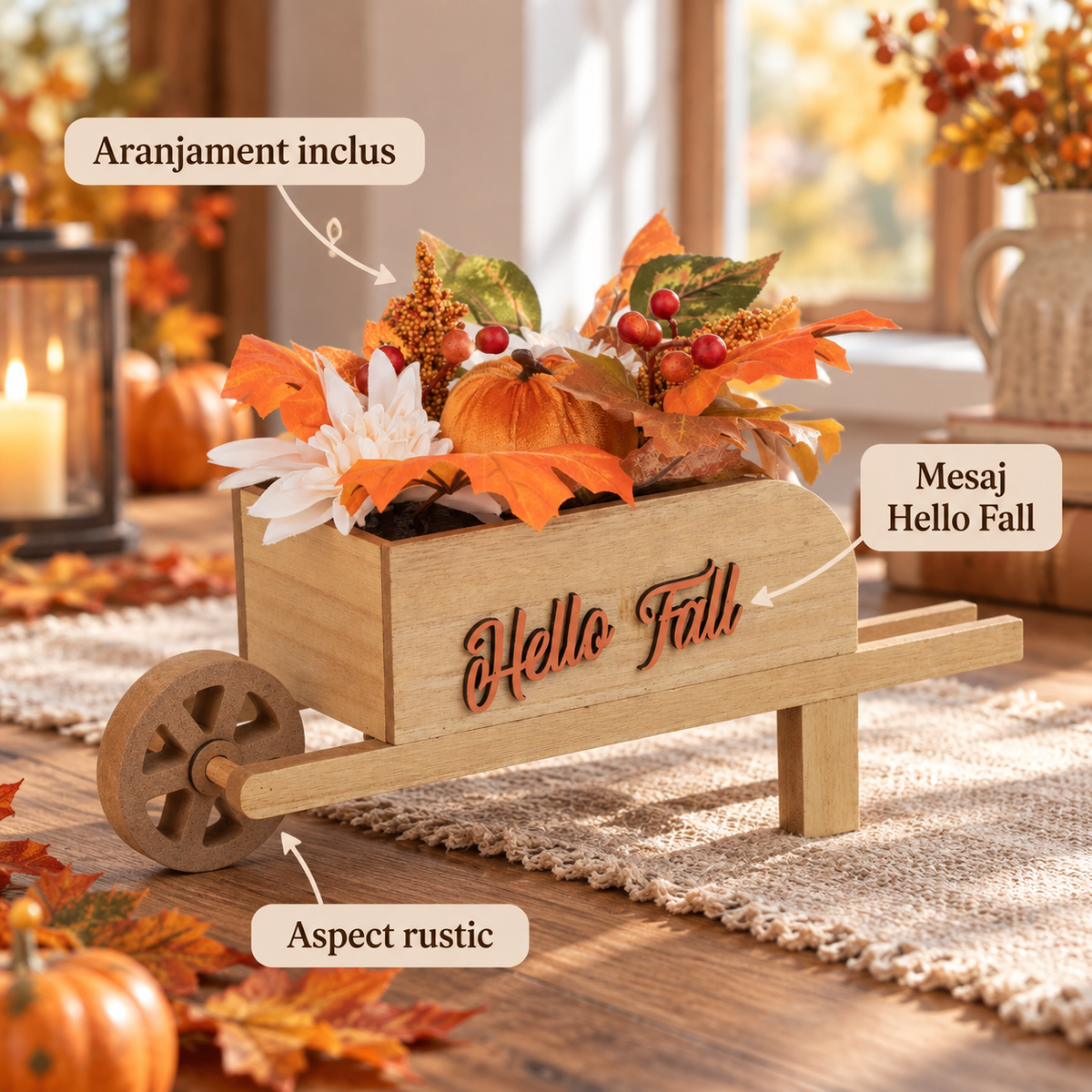 Roaba Decorativa Din Lemn Hello Fall Cu Dovleac - avantaje - Shopiens