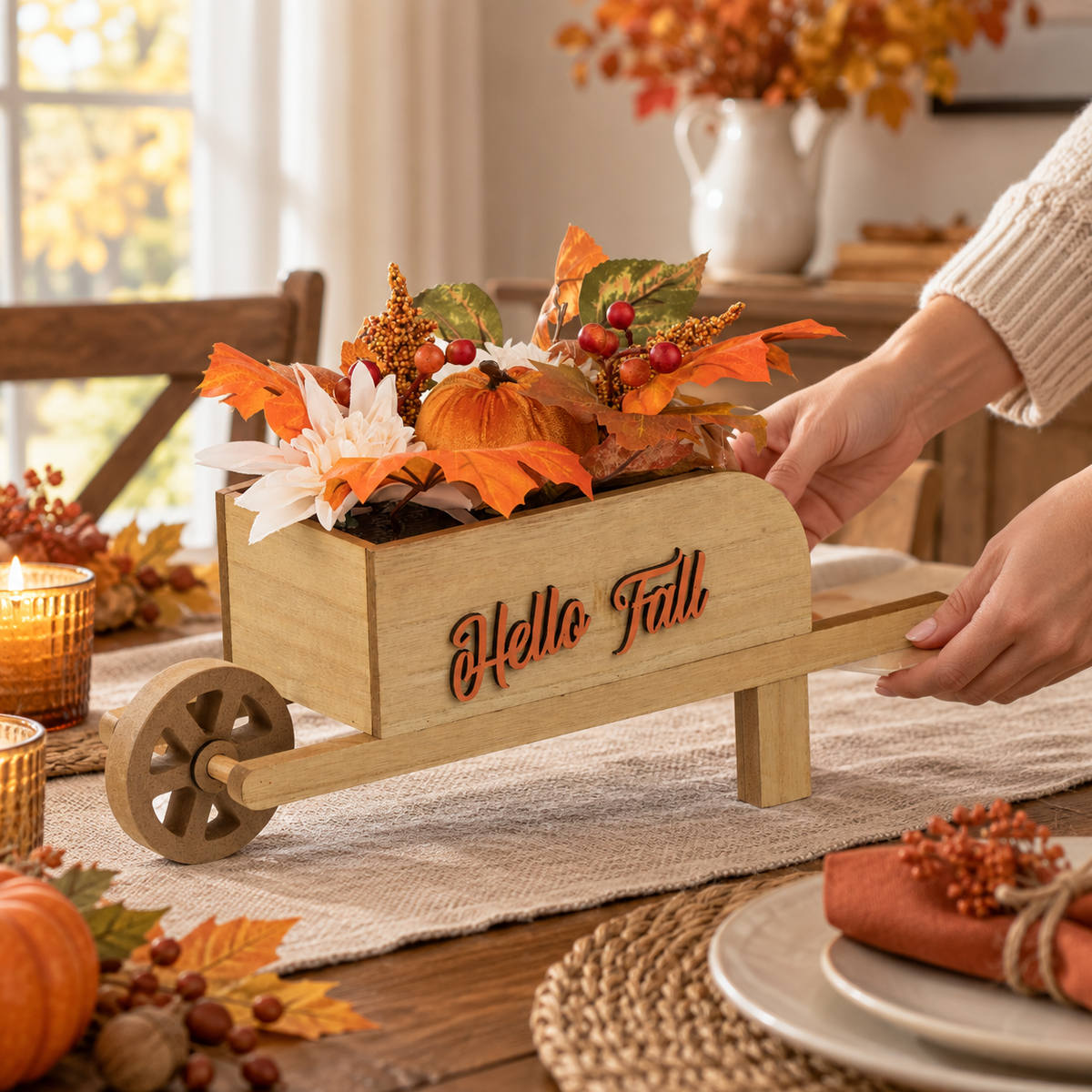 Roaba Decorativa Din Lemn Hello Fall Cu Dovleac - in folosinta 2 - Shopiens