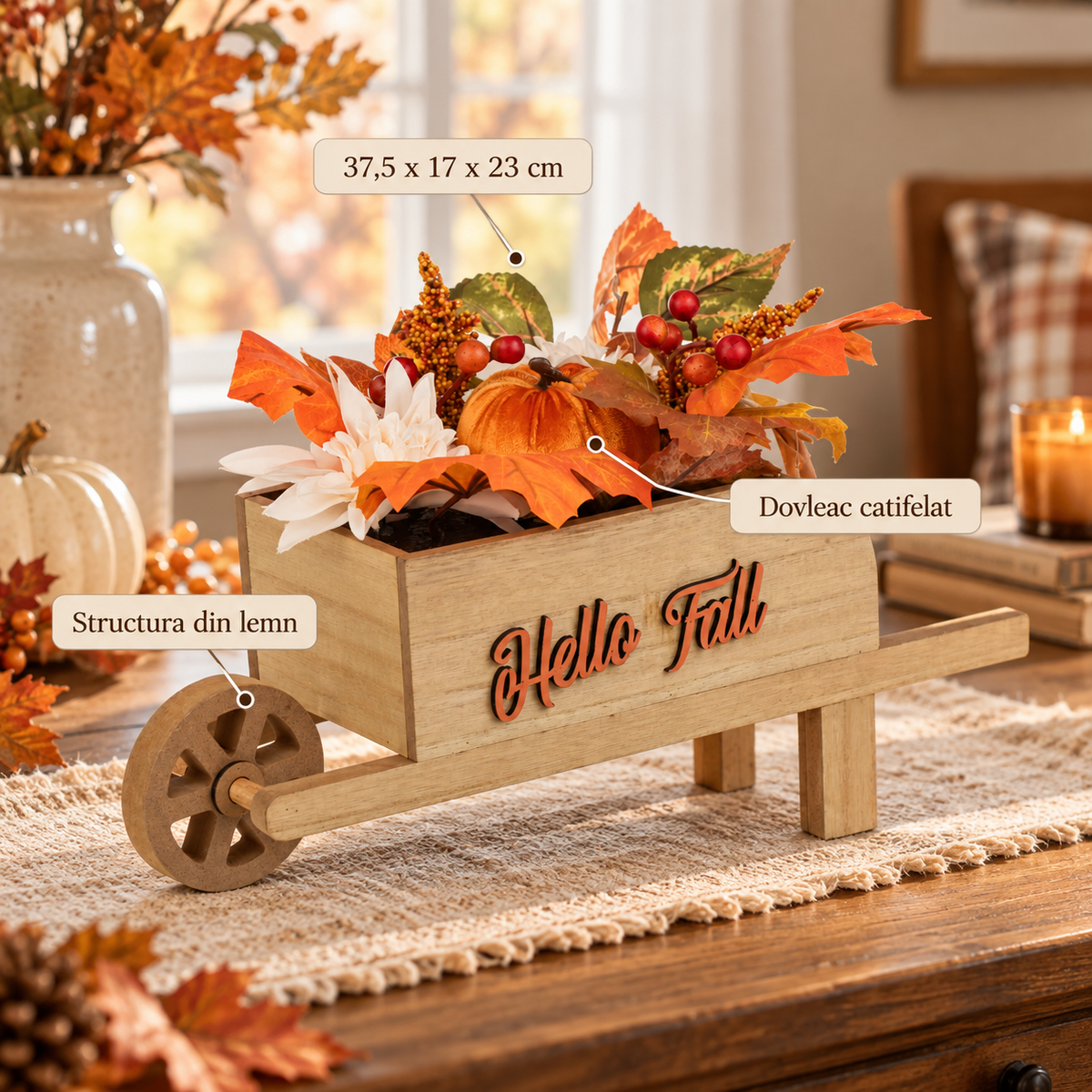 Roaba Decorativa Din Lemn Hello Fall Cu Dovleac - specificatii - Shopiens