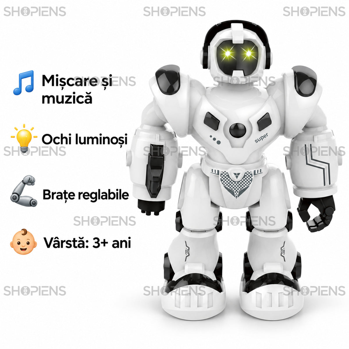 Robot alb și negru cu mișcare, muzică și lumini | Shopiens