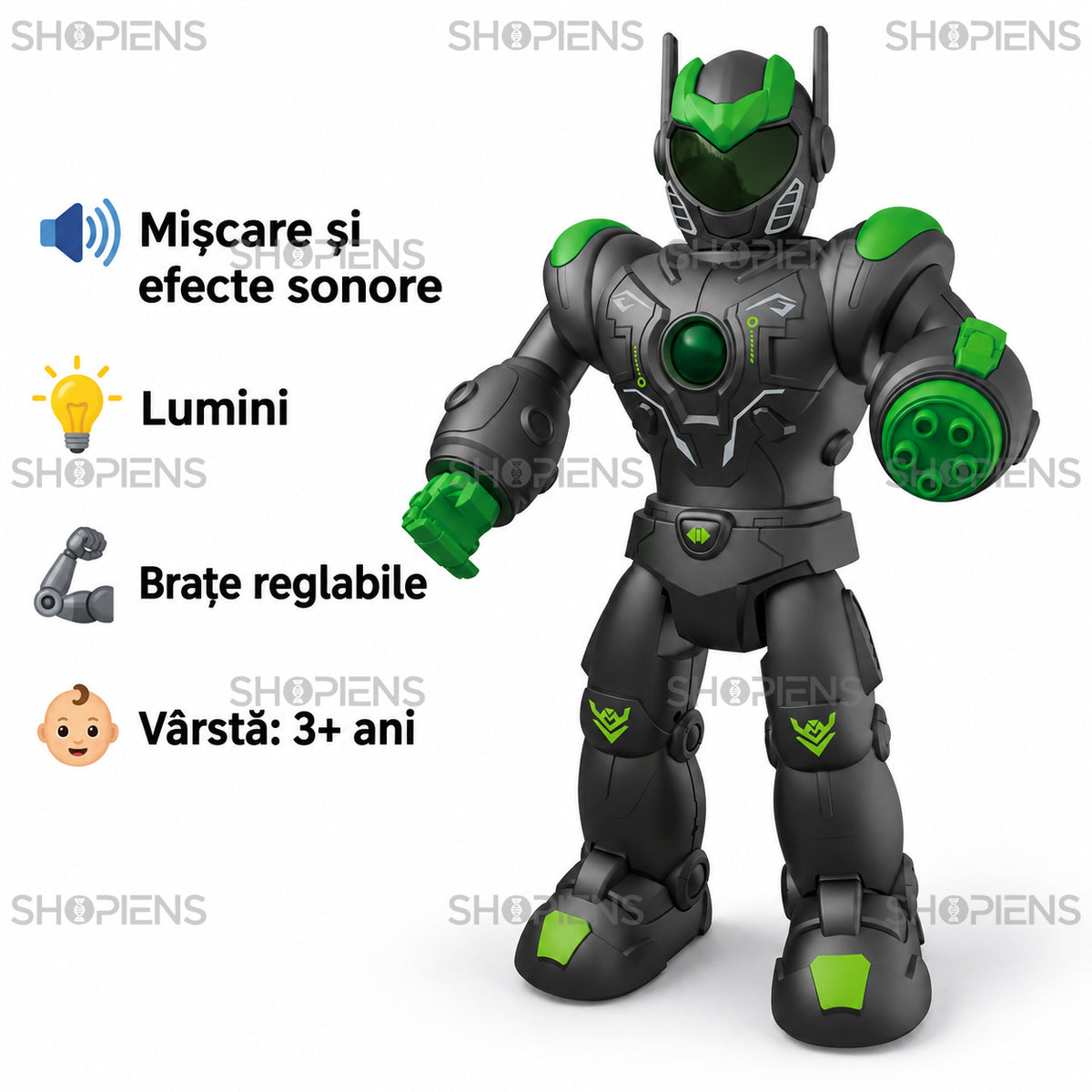Robot negru și verde cu mișcare, sunete și lumini | Shopiens