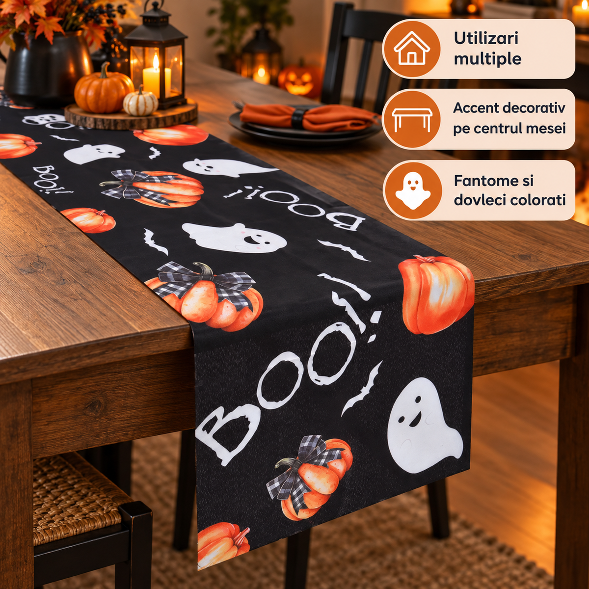 Runner Negru Cu Fantome Si Dovleci, 183 X 33 Cm - avantaje - Shopiens