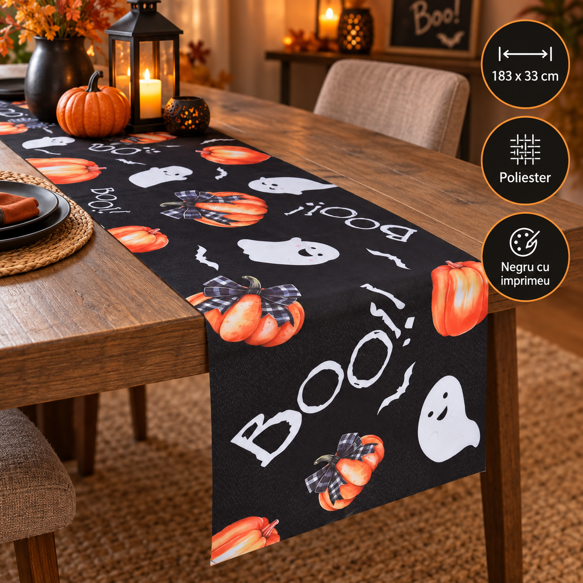 Runner Negru Cu Fantome Si Dovleci, 183 X 33 Cm - specificatii - Shopiens