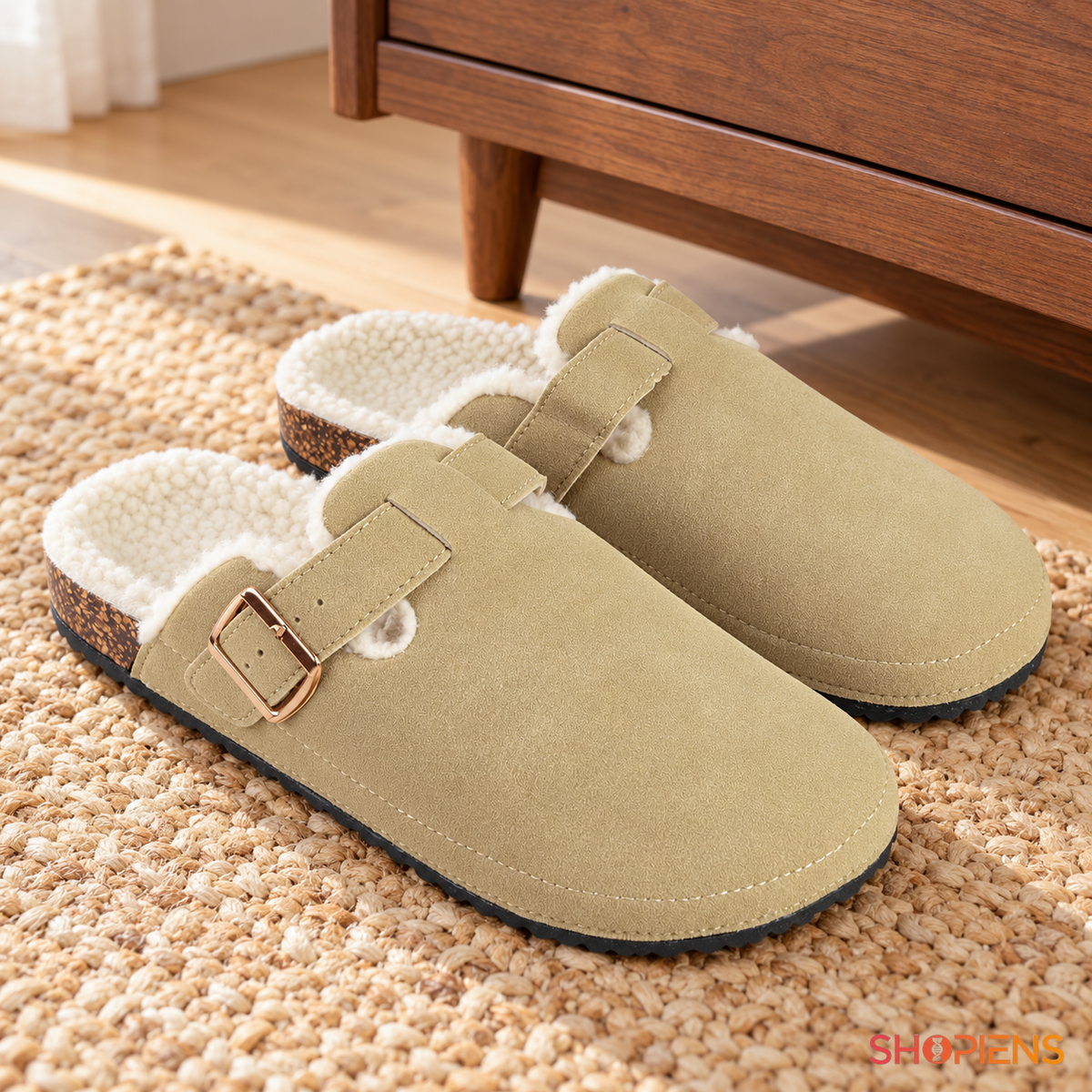 Saboți bej cu aspect de piele întoarsă și cataramă aurie, pereche nepurtată în decor de interior, decor neinclus pentru mărimea 38-39 | Shopiens®