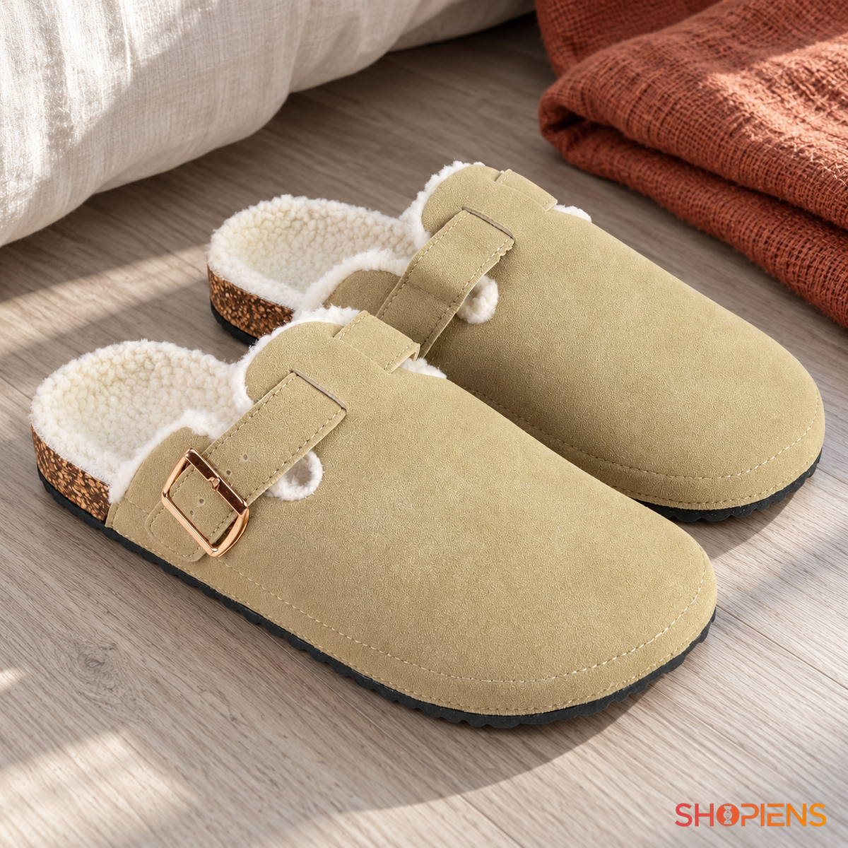Saboți bej cu aspect de piele întoarsă și cataramă aurie, pereche nepurtată în decor de interior, decor neinclus pentru mărimea 40-41 | Shopiens®