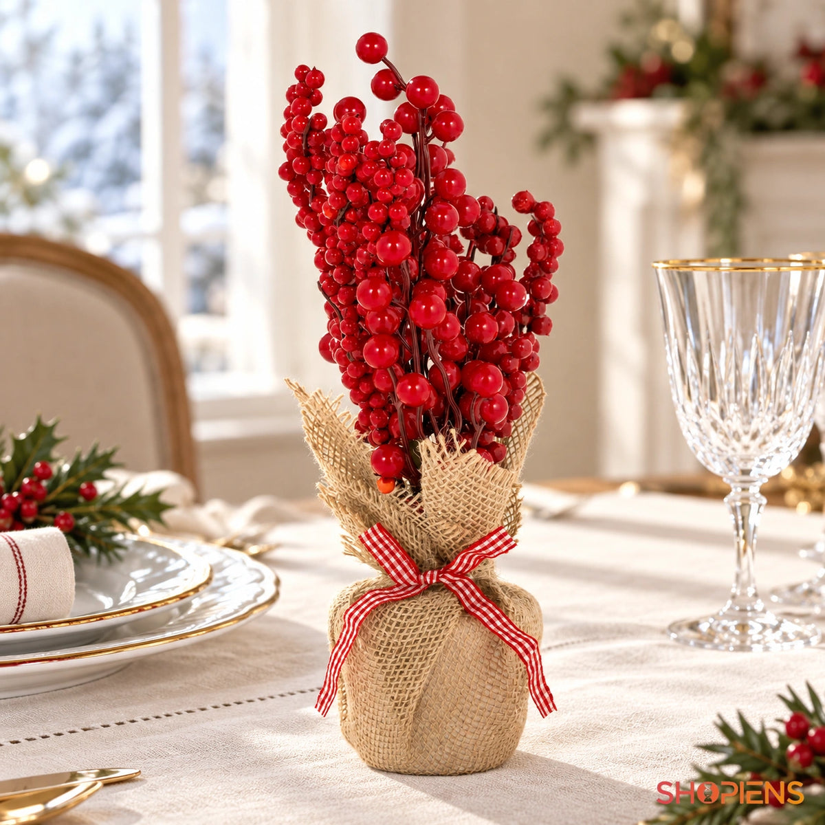 Săculeț din iută cu fructe roșii și fundă în carouri, 33 cm pe masa festivă, în lumină naturală | Shopiens®