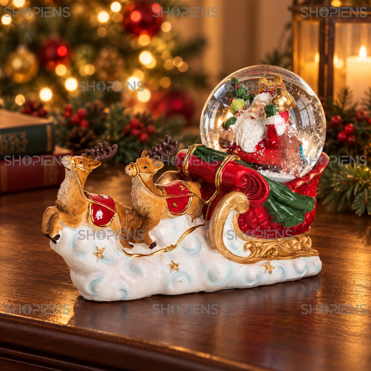 Sanie cu reni și glob de zăpadă cu LED, 18 cm în decor festiv de seară | Shopiens®