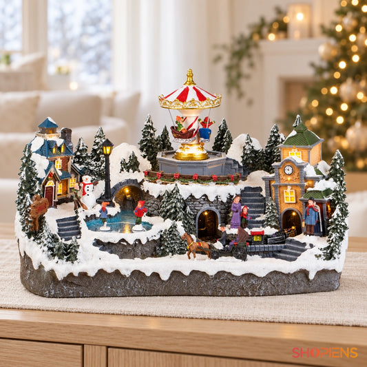 Sat animat cu tren, patinoar și carusel, 46 cm pe o consolă din lemn, într-un decor festiv luminos | Shopiens®