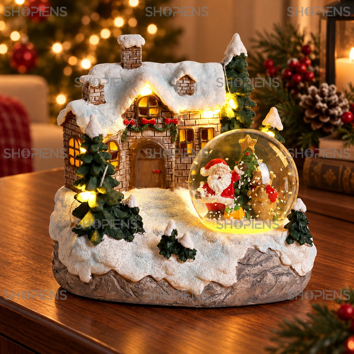 Sat înzăpezit cu glob de Crăciun și LED, 14 cm în decor festiv de seară | Shopiens®