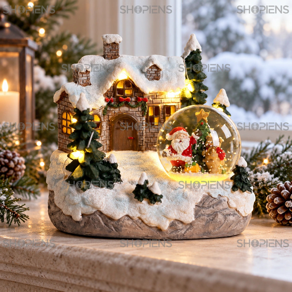 Sat înzăpezit cu glob de Crăciun și LED, 14 cm lângă fereastră, în decor de iarnă | Shopiens®
