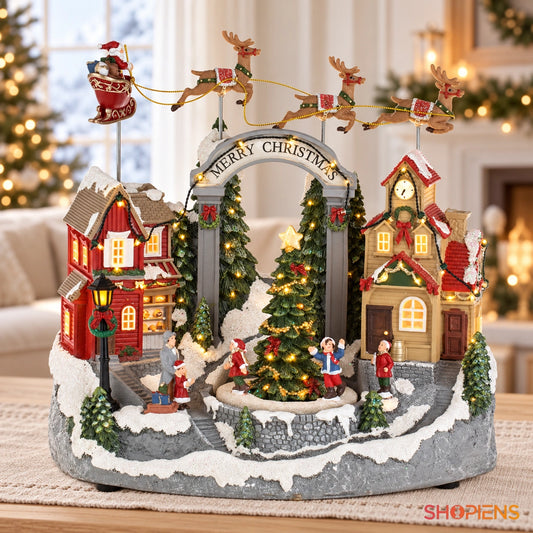 Scenă cu brad rotativ și sanie cu reni în mișcare, 32 cm pe o consolă din lemn, într-un decor festiv luminos | Shopiens®
