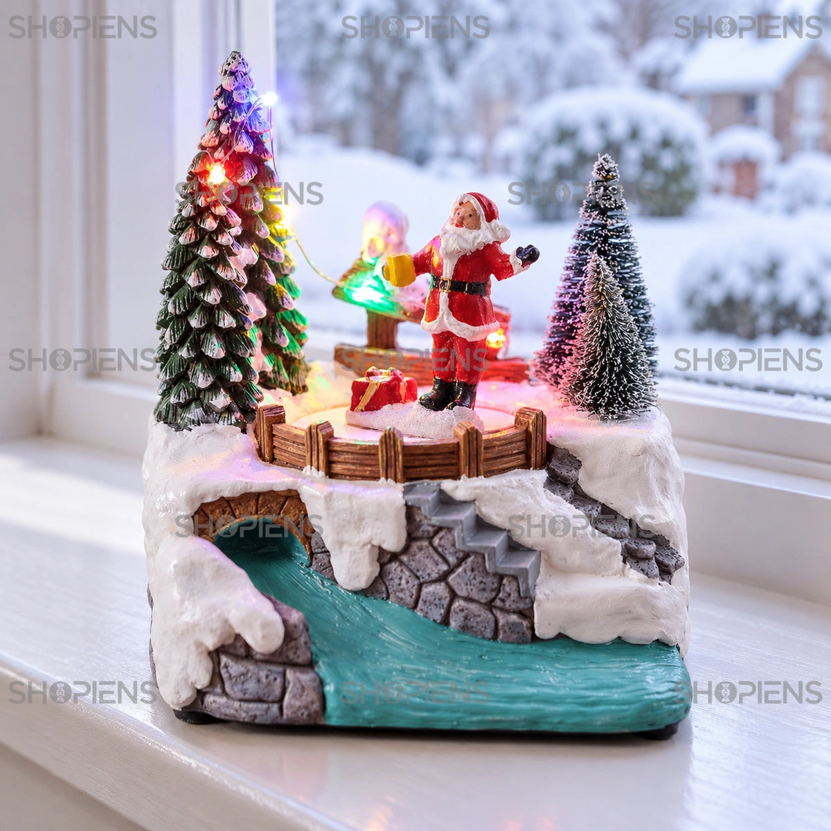 Scenă cu Moș Crăciun rotativ, râu și lumini, 15 cm pe pervazul ferestrei, într-un decor de iarnă | Shopiens®