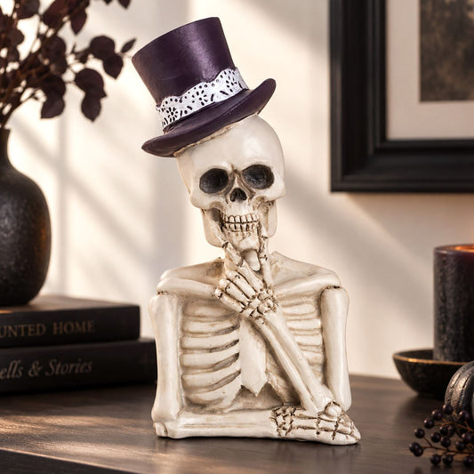 Schelet Ganditor Cu Palarie Mov, Figurina De Halloween 16 Cm - Shopiens