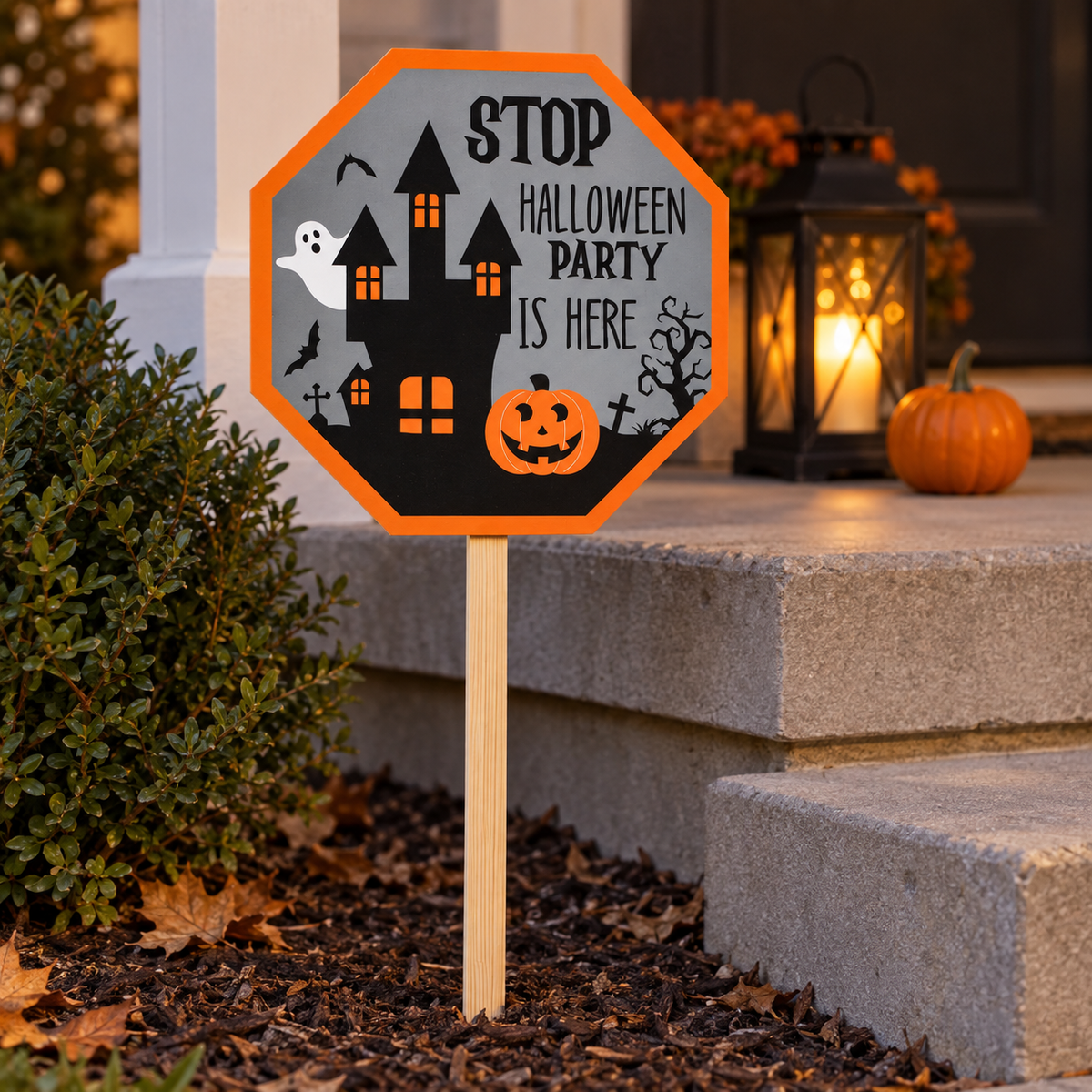 Semn STOP Halloween Cu Castel Si Fantoma, 67 Cm - Shopiens