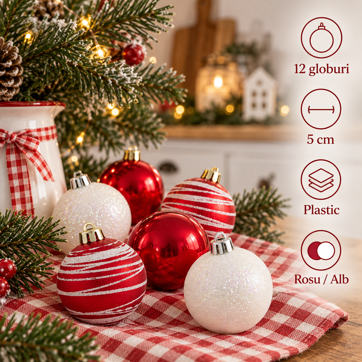 Set 12 Globuri Candy Cu Dungi, Rosu Alb, 5 Cm - specificatii - Shopiens