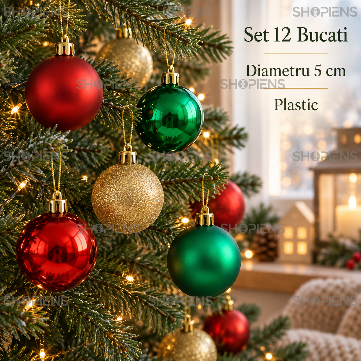 Set 12 Globuri Clasice Rosii, Verzi Si Aurii, 5 Cm - specificatii - Shopiens