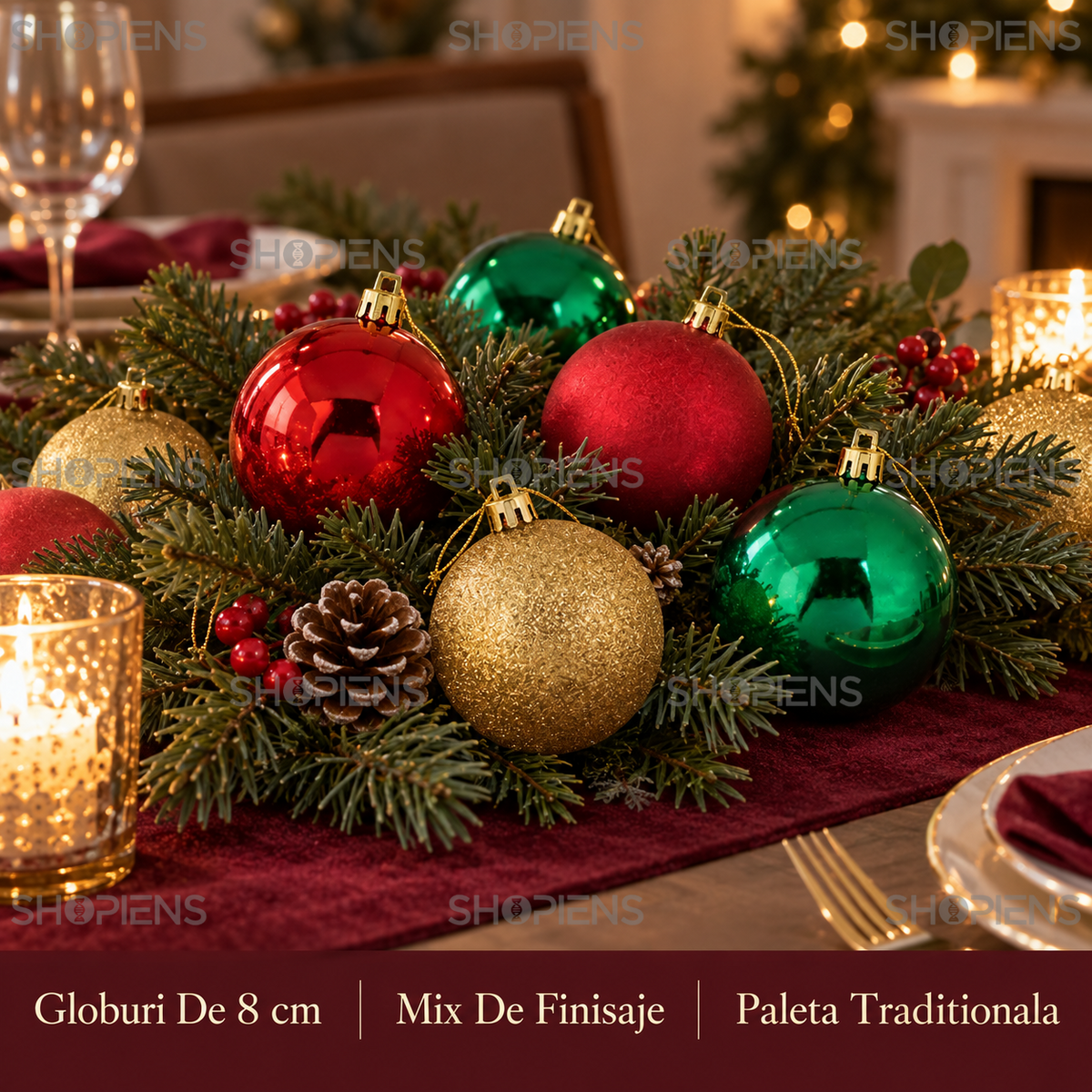 Set 12 Globuri Festive Rosu-Verde-Auriu, 8 Cm - avantaje - Shopiens