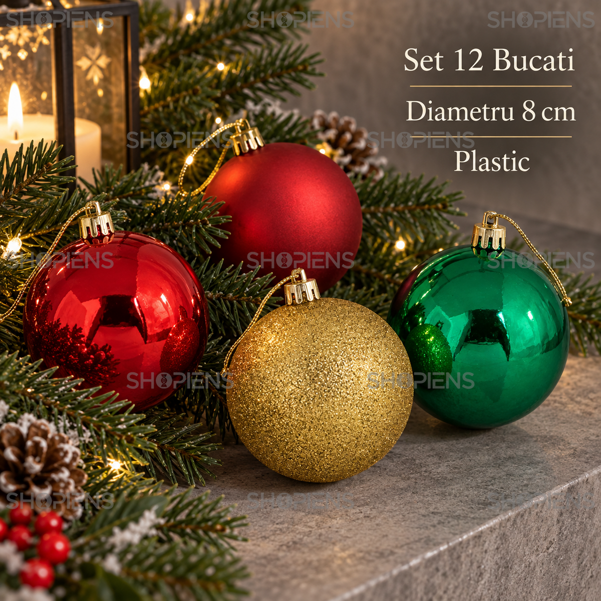 Set 12 Globuri Festive Rosu-Verde-Auriu, 8 Cm - specificatii - Shopiens